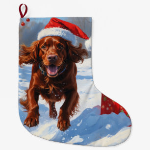 Meia De Natal Grande Setter Vermelho Irlandês Correndo na Neve com Chap