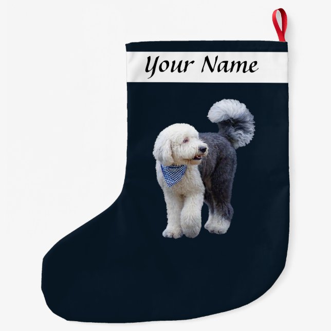 Meia De Natal Grande Sheepadoodle Com Cachecol Xadrez Azul (Verso)