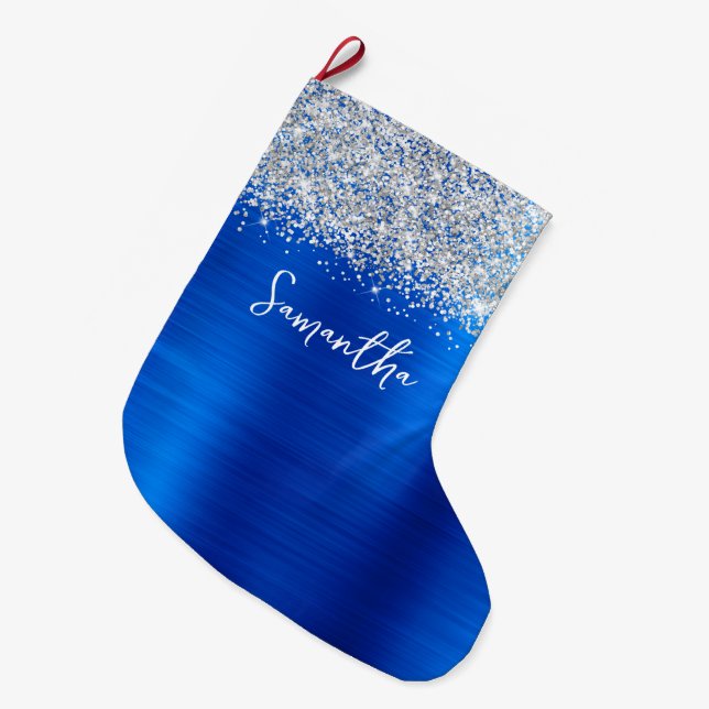 Meia De Natal Grande Silver Glitter Royal Blue Glam (Frente (Pendurada))