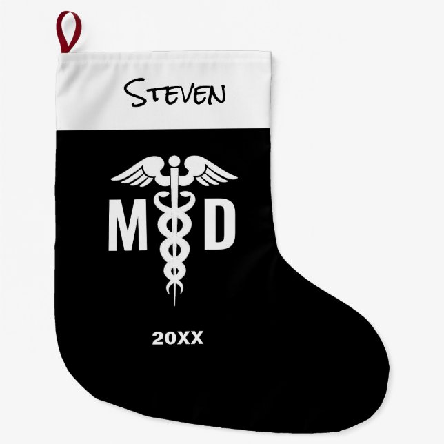 Meia De Natal Grande Símbolo de Caduceus MD Personalizado - Branco (Frente)