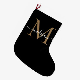 Meia De Natal Grande Simples Script Negra Dourado Monograma Elegante Gi