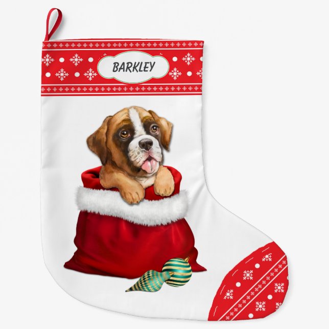 Meia De Natal Grande Snowflake Border Boxer Puppy Dog Surpresa (Frente)