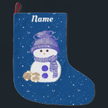 Meia De Natal Grande Snowman e Bunnies Dormindo<br><div class="desc">Dois coelhos pequenos,  castanhos e brancos se movem até um boneco de neve em um boné e cachecol azul,  com botões grandes e azuis,  à medida que a neve cai ao redor deles,  e através do fundo. Um estoque fofo para o Natal!</div>