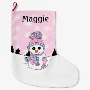 Meia De Natal Grande Snowman Rosa e Snowflakes Personalizados 
