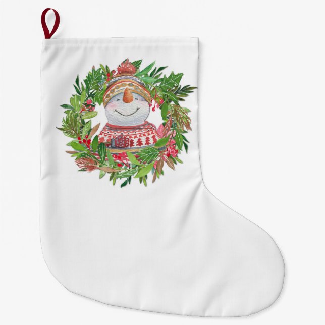 Meia De Natal Grande Sorriso Snowman Wreath Natal (Frente)