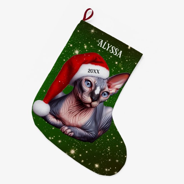 Meia De Natal Grande Sphynx Cat Bonito Natal Verde (Frente (Pendurada))