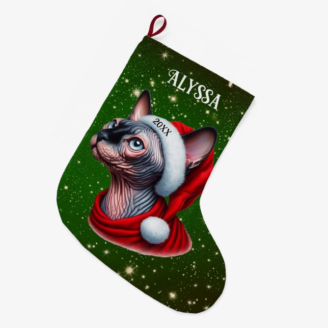 Meia De Natal Grande Sphynx Cat Bonito Natal Verde (Frente (Pendurada))