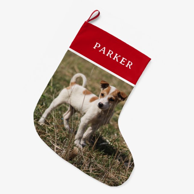 Meia De Natal Grande Sua Foto Personalizada Pet Vermelha Personalizada (Frente (Pendurada))