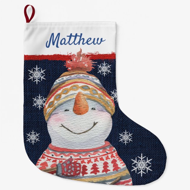 Meia De Natal Grande Suéter Verde Bonito Snowman Nome Snowflakes (Frente)