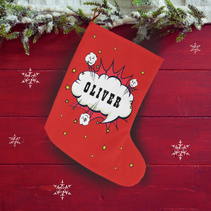 Meia De Natal Grande Superhero Comic Speech Cloud Boy Name