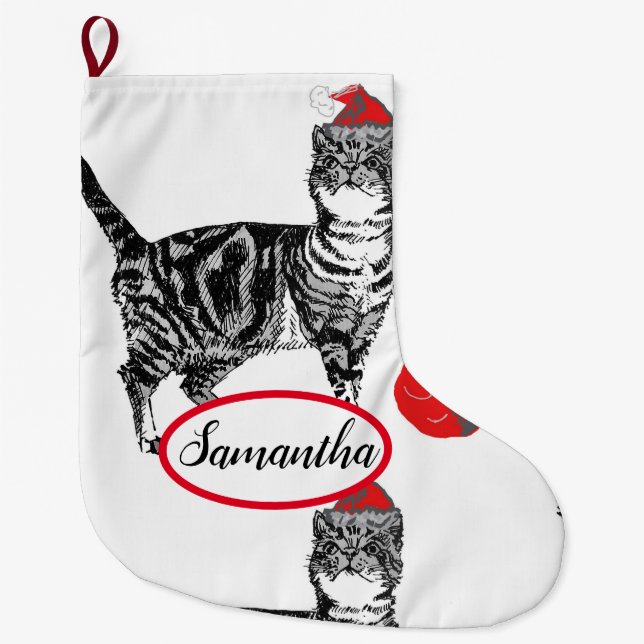 Meia De Natal Grande Tabby Black and White Cat Cats (Frente)
