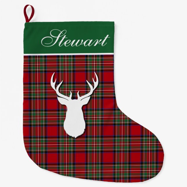 Meia De Natal Grande Tartan Deer Xadrez Stewart Personalizado (Frente)