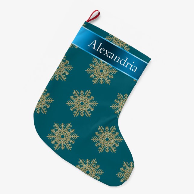 Meia De Natal Grande Teal Blue Glitter Snowflakes Nome de Natal (Frente (Pendurada))