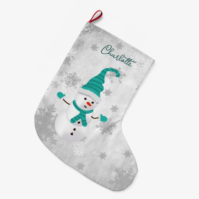 Meia De Natal Grande Teal Cute Snowman Holiday Stocks (Frente (Pendurada))