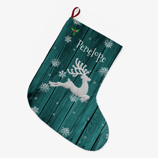 Meia De Natal Grande Teal Rustic Christmas Reindeer Stocks (Frente (Pendurada))