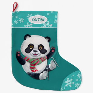 Meia De Natal Grande Teal Snowflake Ice Skating Panda Bear 