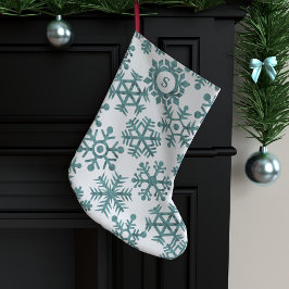 Meia De Natal Grande Teal Snowflake Pattern Monograma