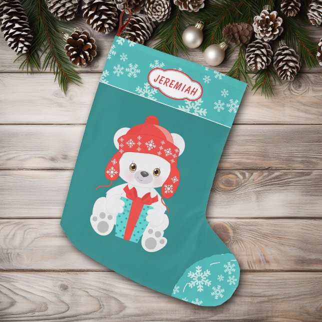 Meia De Natal Grande Teal Snowflake Polar Bear (Criador carregado)