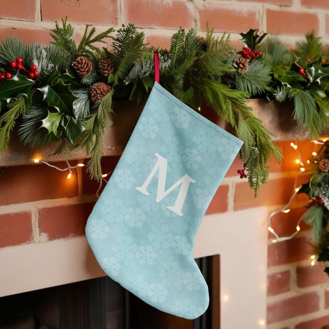 Meia De Natal Grande Teal Snowflakes Monogrammed Stocks de Natal (Add your initial to this teal snowflake Christmas Stocking)