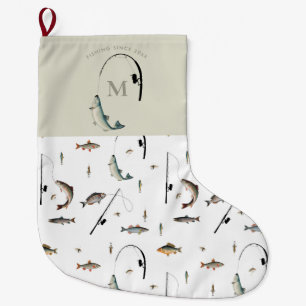 Meia De Natal Grande Tema Pesca de Rod & Reel Fish Monograma do pescado