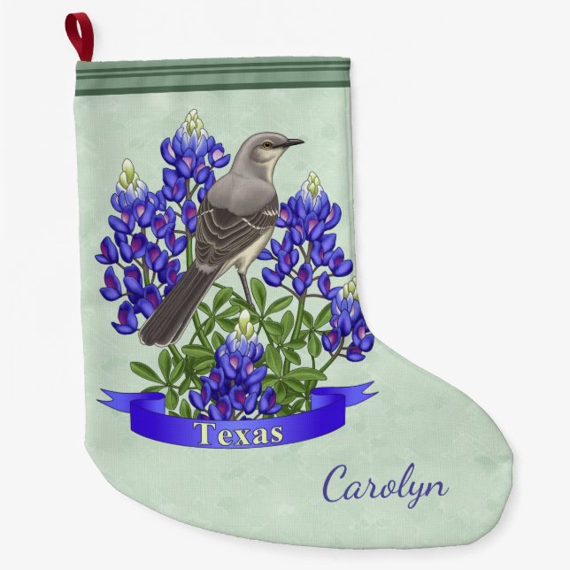 Meia De Natal Grande Texas State Bird & Flower Sage Green (Frente)