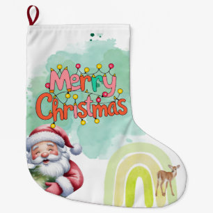 Meia De Natal Grande Tipografia Feliz Natal e Luzes & Veado