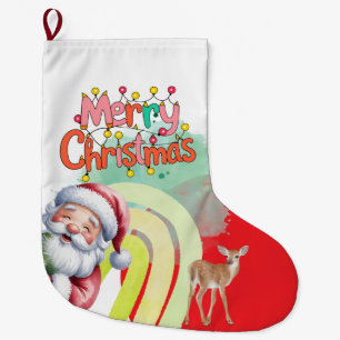Meia De Natal Grande Tipografia Feliz Natal e Luzes & Veado
