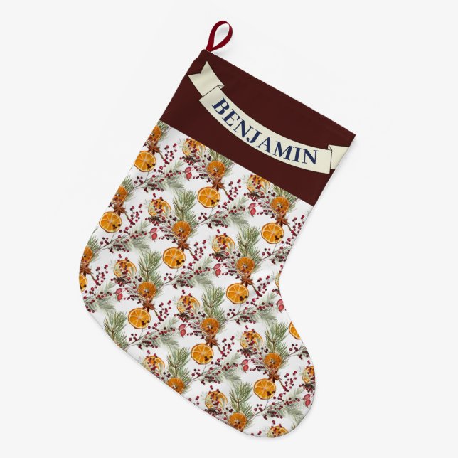 Meia De Natal Grande Trendy Citrus Orange Rustic PIne Greenery (Frente (Pendurada))