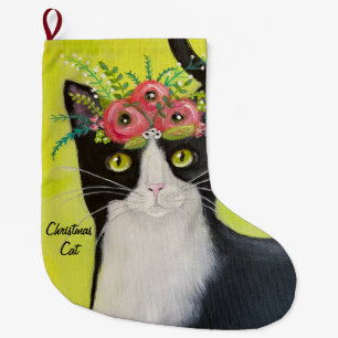 Meia De Natal Grande Tuxedo Cat Whimsic Art
