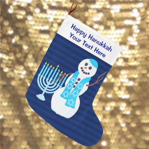 Meia De Natal Grande Um boneco de neve judaico Menorah azul de Hanukkah