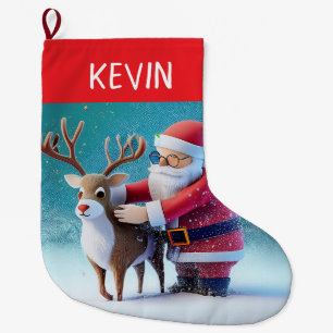 Meia De Natal Grande Um Papai Noel Fofo e Alegre e Rudolf na Neve