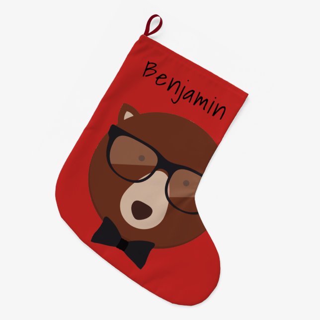 Meia De Natal Grande Urso de hipster Personalizado (Frente (Pendurada))