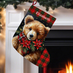 Meia De Natal Grande Urso de Pelúcia Adicionar Nome Natal Vermelho Verd