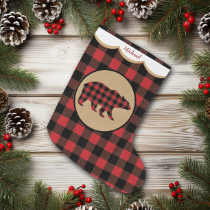 Meia De Natal Grande Urso de Xadrez Red Buffalo Personalizado