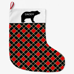 Meia De Natal Grande Urso pai elegante em padrão de diamante preto e ve