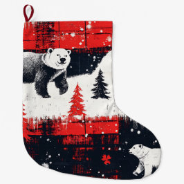 Meia De Natal Grande Urso Polar das Xadrezes de Buffalo Vermelho