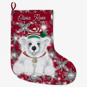 Meia De Natal Grande Urso polar festivo e fofo com flocos de neve brilh