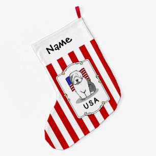 Meia De Natal Grande US American Flag Old English Sheepdog (Cinza 1)