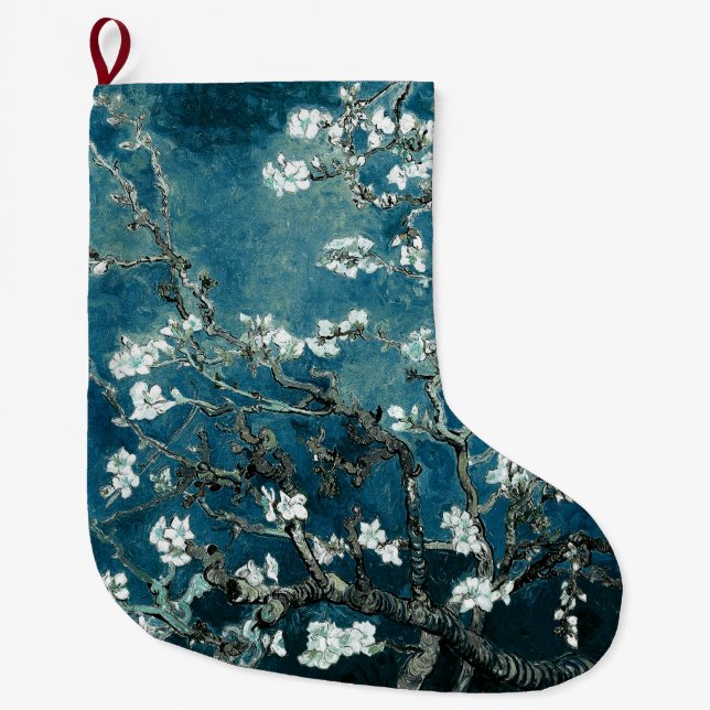 Meia De Natal Grande Van Gogh Almond Blossoms Dark Teal (Frente)
