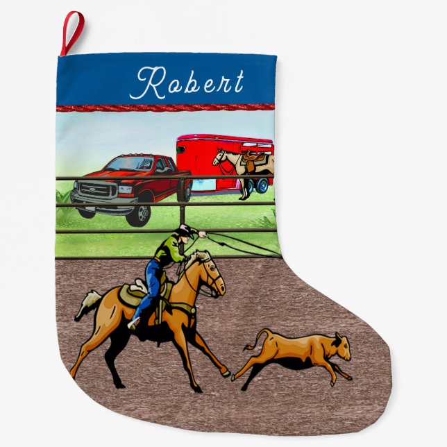 Meia De Natal Grande Vaqueiro de Rodeio Ocidental Laçando Bezerro (Frente)