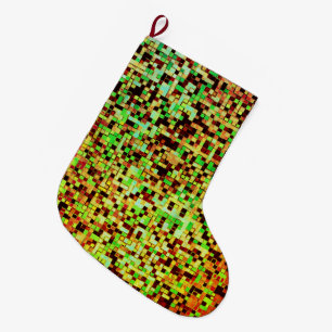 Meia De Natal Grande Verde e laranja desfocados em pequenos quadrados o