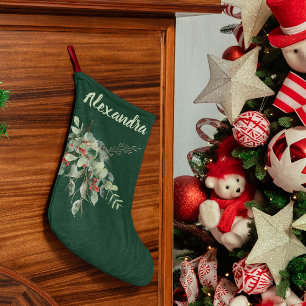 Meia De Natal Grande Verde escuro com Folhas e Bagas de Aquarela Nomead