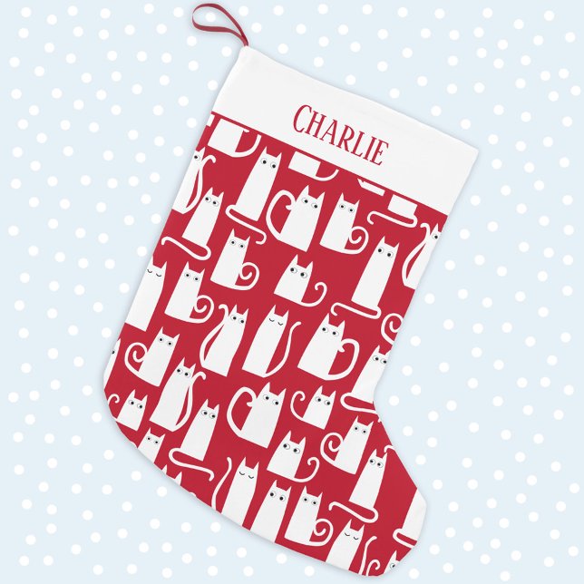 Meia De Natal Grande Vermelho e Branco de Gato Cinto Personalizado (Criador carregado)