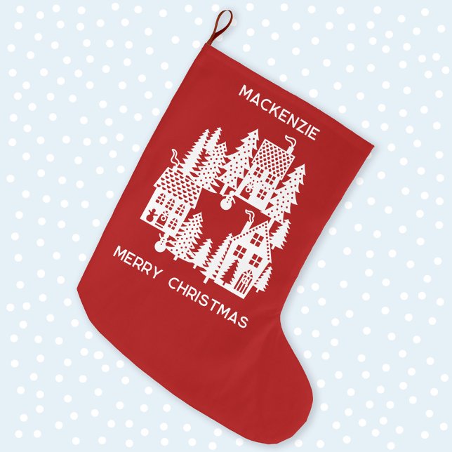 Meia De Natal Grande Vila de Natal Vermelha e Branca Personalizada (Christmas Village red and white personalized festive stocking)