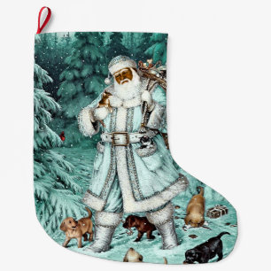 Meia De Natal Grande Vintage Aqua Azul Papai noel Negro Banho de Natal