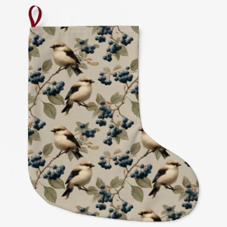 Meia De Natal Grande Vintage Bird and Blueberry Seamless Pattern