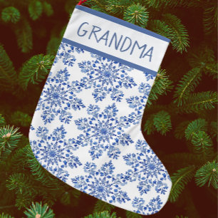 Meia De Natal Grande Vintage Chinoiserie Blue White Flocos de Neve