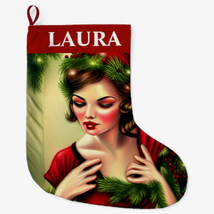 Meia De Natal Grande Vintage Senhora Vermelha Retro