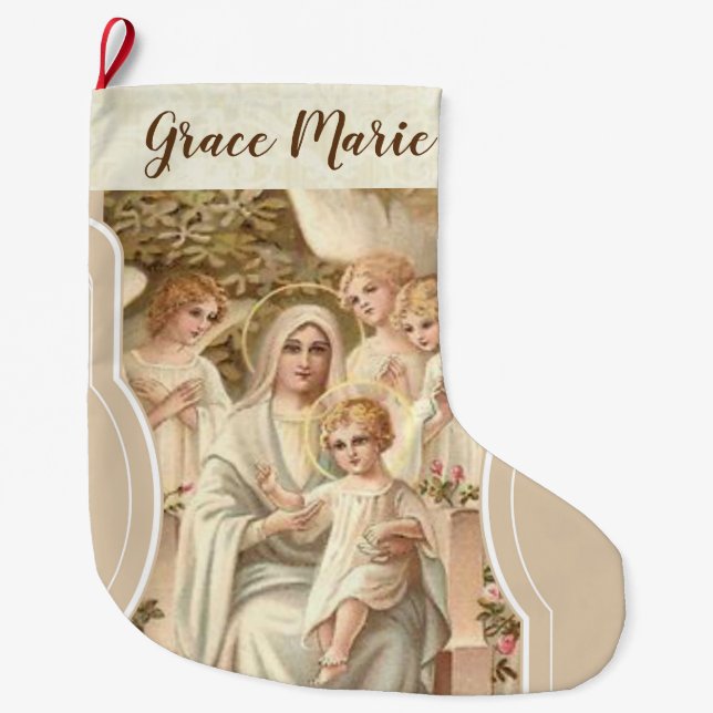 Meia De Natal Grande Virgem Maria personalizada com Jesus & anjos (Frente)