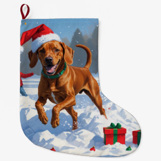 Meia De Natal Grande Vizsla Correndo na Neve com Chapéu de Natal